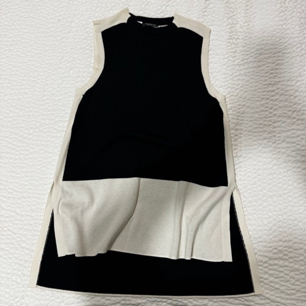 Lafayette 148 Women Colorblock Knit Sleeveless Tunic Top Black Cream side slit L